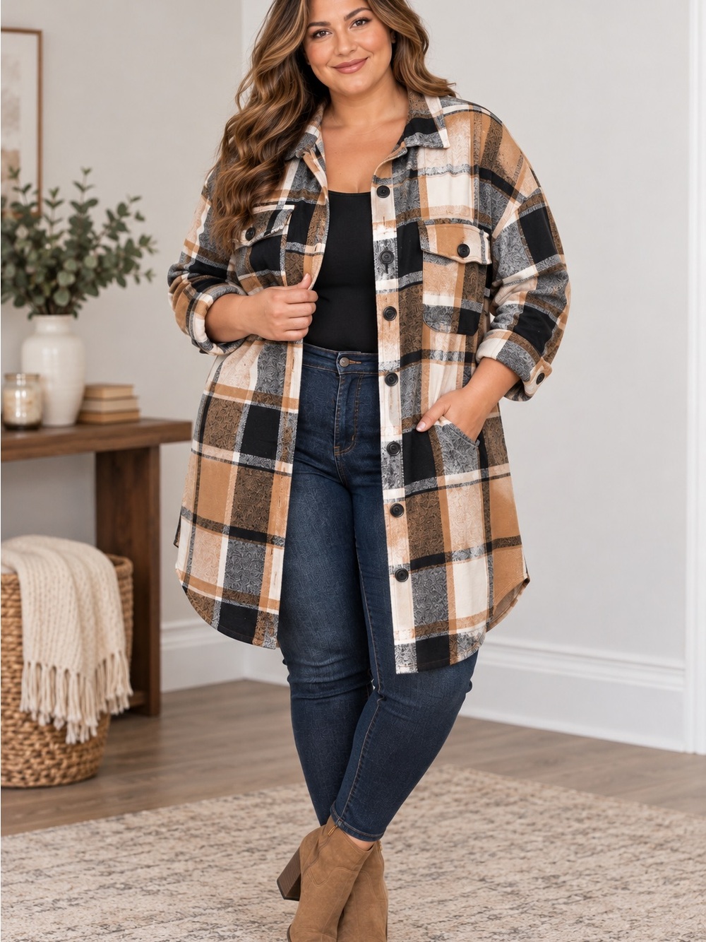 IN’VOLAND Plus Size 18W Plaid Long Shacket Oversized Flannel Shirt Jacket